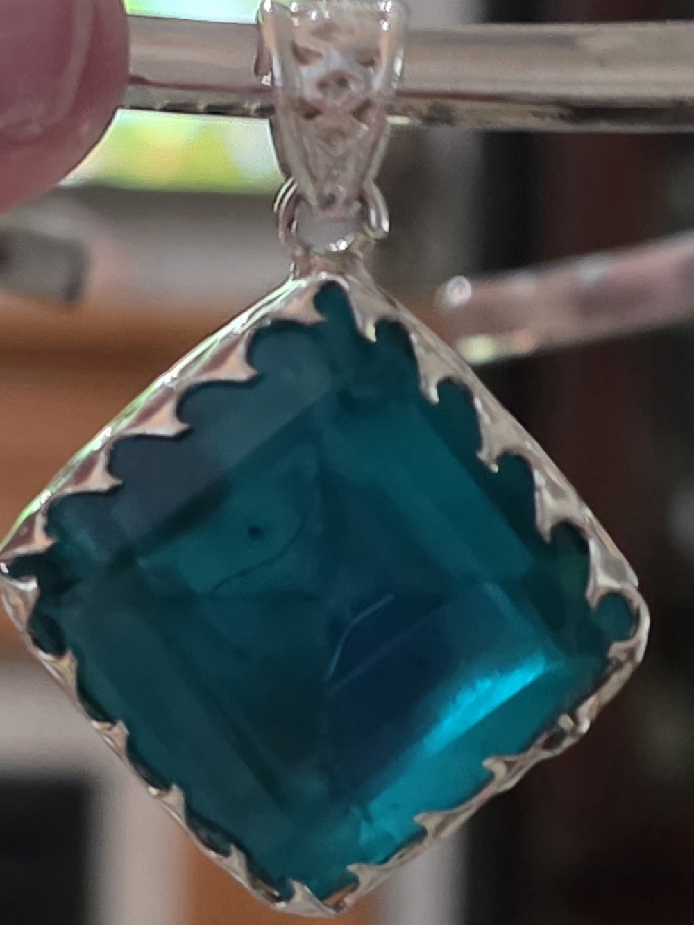 Sterling Silver Teal Glass Square Pendant Necklace
